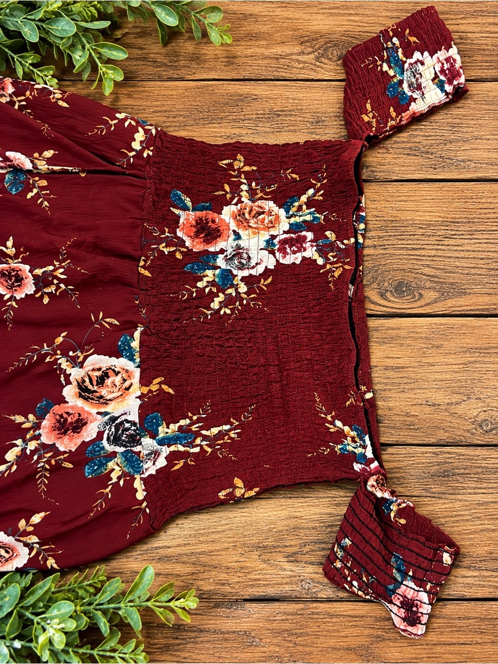 Floral Smocked Strapless Dress - Burgundy